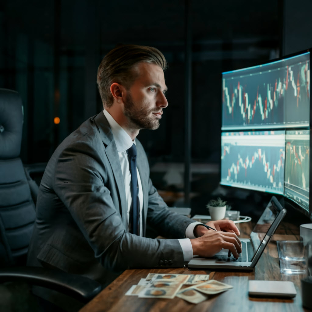 Forex broker in front of computer